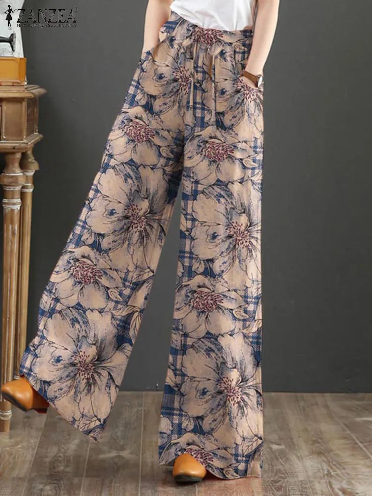 Bohemian Floral Printed Long Trousers Women Elastic Waist Vintage Wide Leg Pants ZANZEA Casual Loose Pantalon Holiday Palazzo