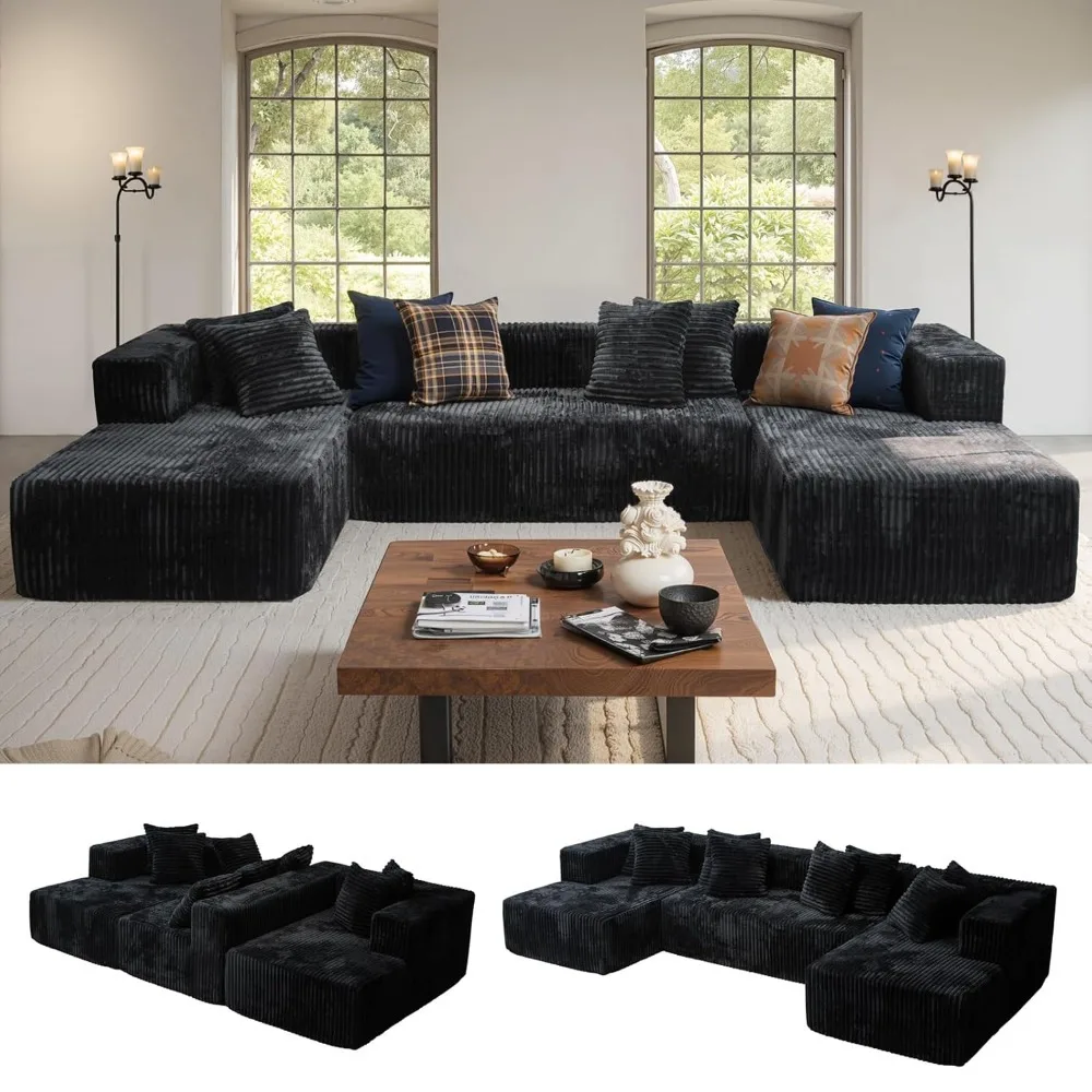 

U Shaped Sectional Couches, 129'' Black Modular Boneless Cloud Sofa with 2 Chaise Lounges, 4-in-1, Customized