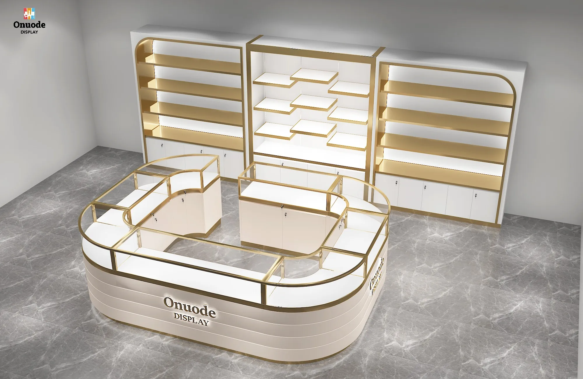 Quiosco de joyería personalizado de lujo para centro comercial |   Cabina minorista moderna con escaparate de vidrio y gabinete de joyería con iluminación LED