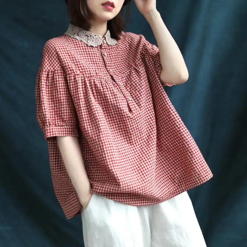 

Retro Casual Loose Women's Large Size Lace Hooked Floral Collar Patchwork Cotton Linen Plaid ort Sve irt Top