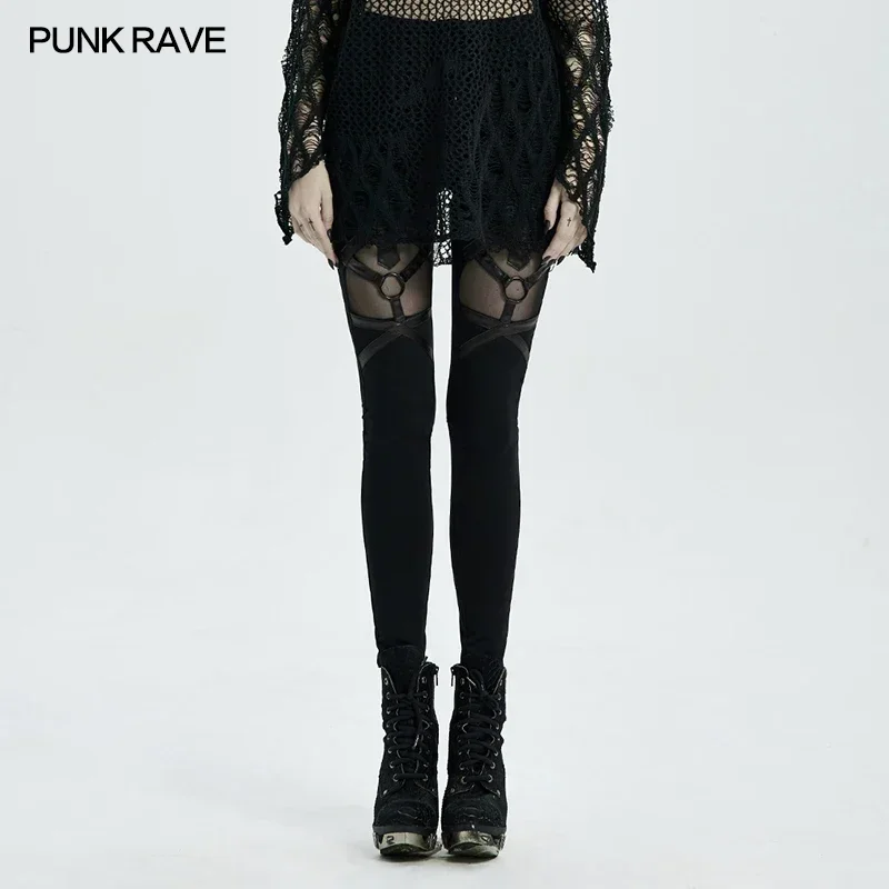 PUNK RAVE Women's Gothic Architecture Black Leggings Fashion Personality Perspective Mesh Elastic Band Trousers Streert Wear