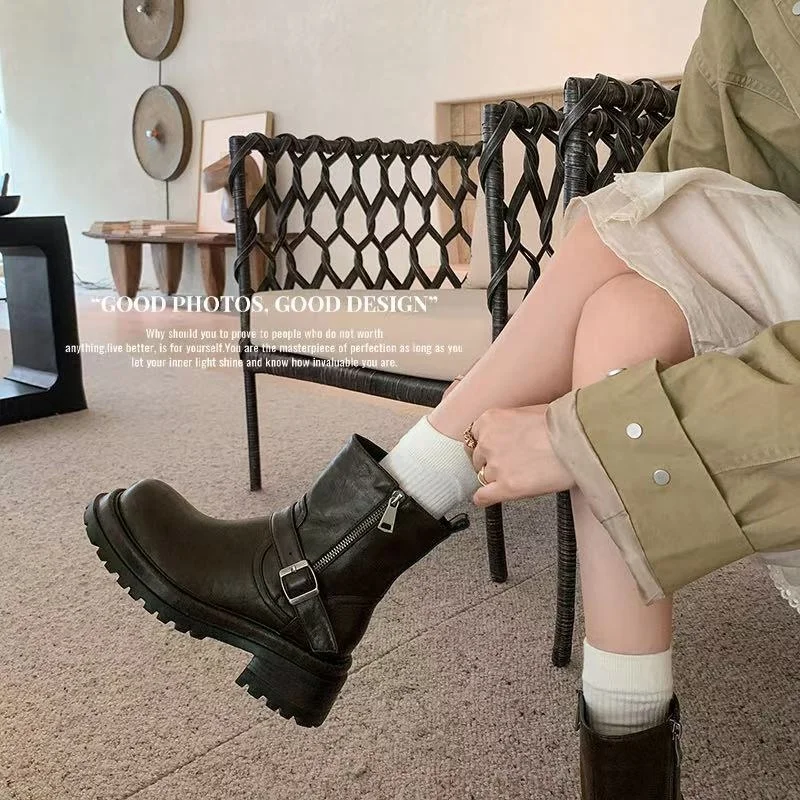 2026 autumn winter women ankle boots natural leather 22-25cm split leather+pigskin+microfiber/plush buckle women short boots