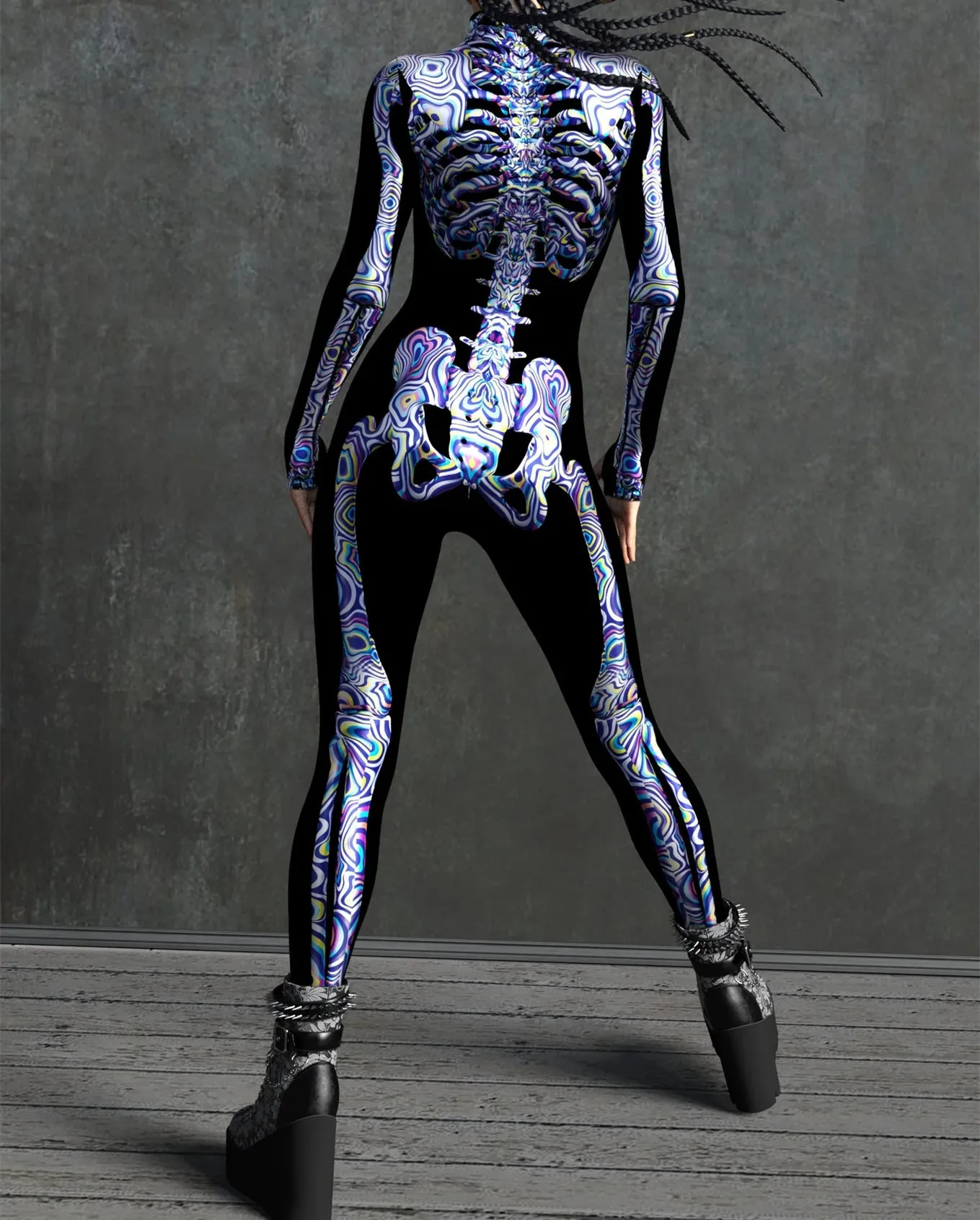 Halloween Skinny Damen Bedruckter Bunter Totenkopf Cosplay Jumpsuit Cyberpunk Zentai Anzug Karnevalsparty Aerial Performance Bodysuits – Detail 36