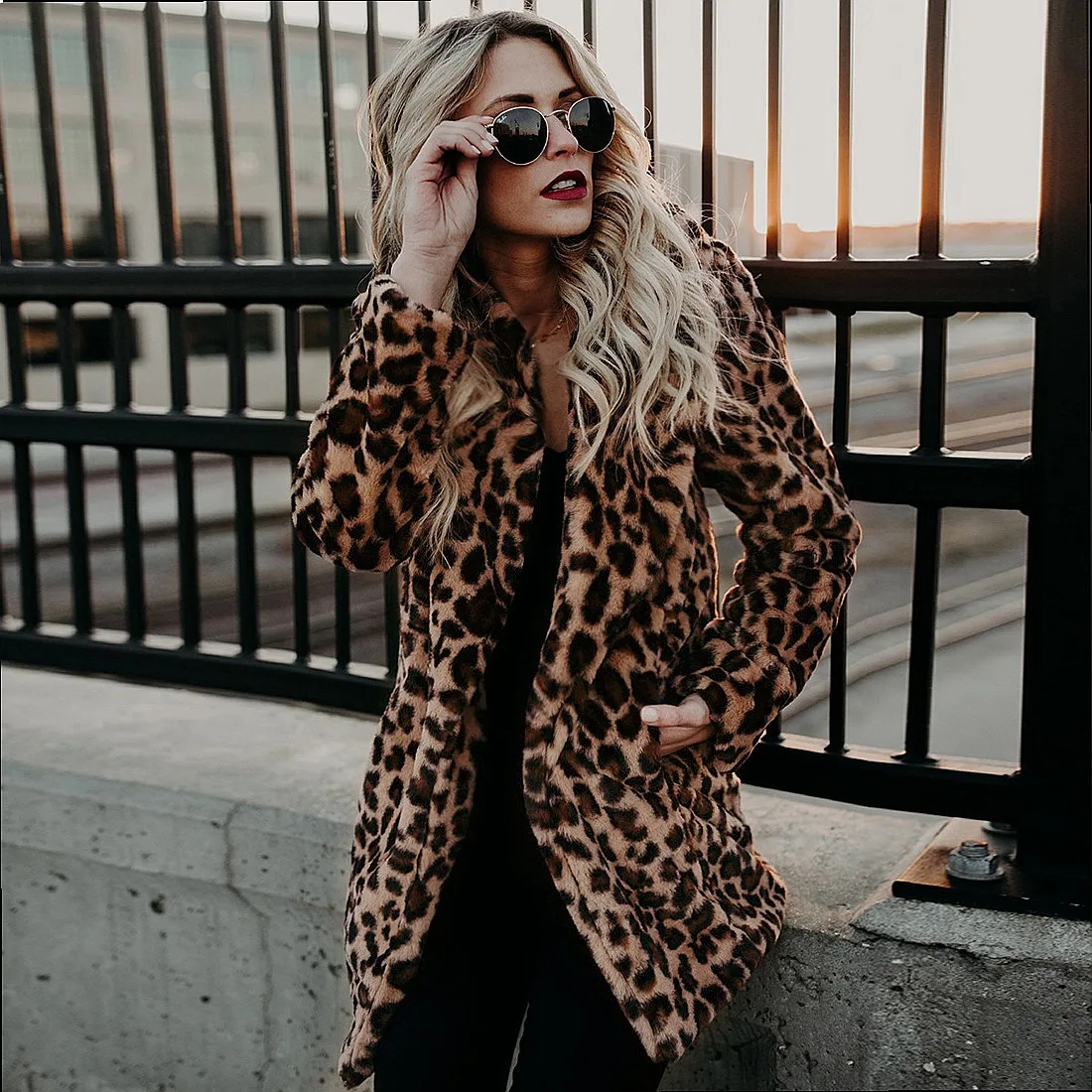 Women Faux Fur Coat Winter Warm Leopard Print Lapel Long Coats Outerwear
