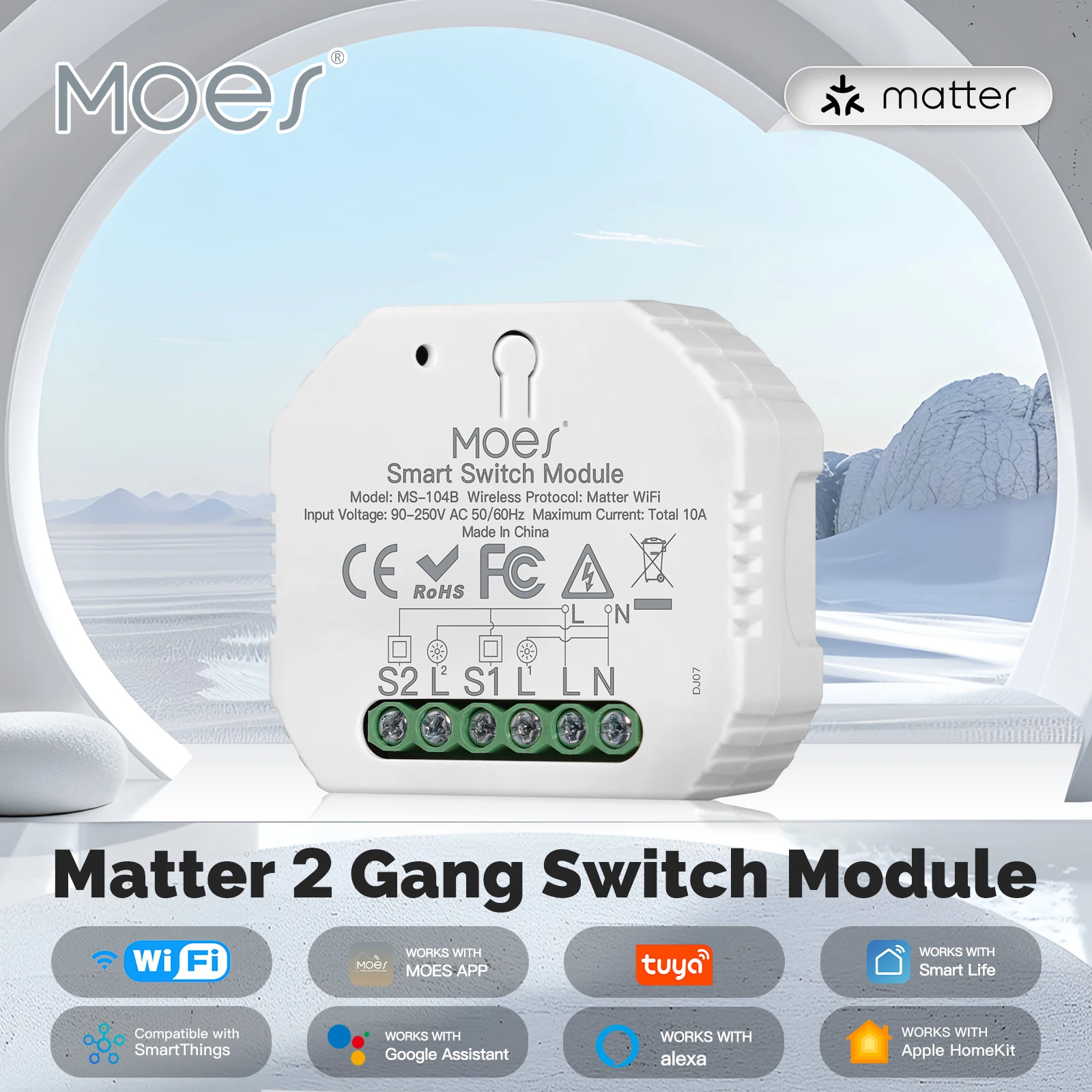 MOES Tuya Matter WiFi 2 Gang Switch Module, Smart Relay Timer, App Control, Compatible with Alexa Google Home & Apple