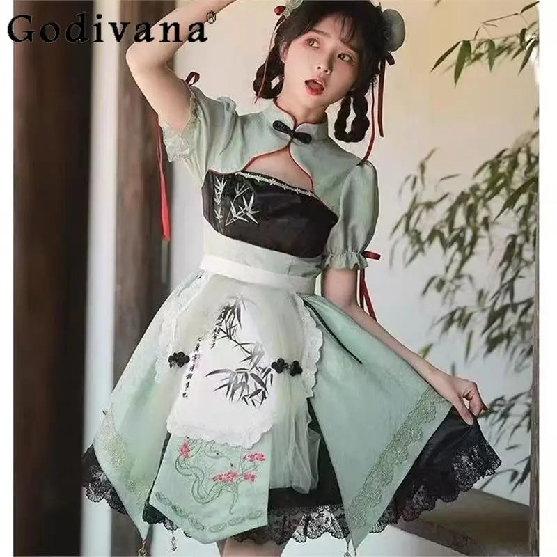中国風要素ロリータドレスセット女性刺繍 Cos 古代スタイルドレス女の子夏半袖新しいコスプレドレス