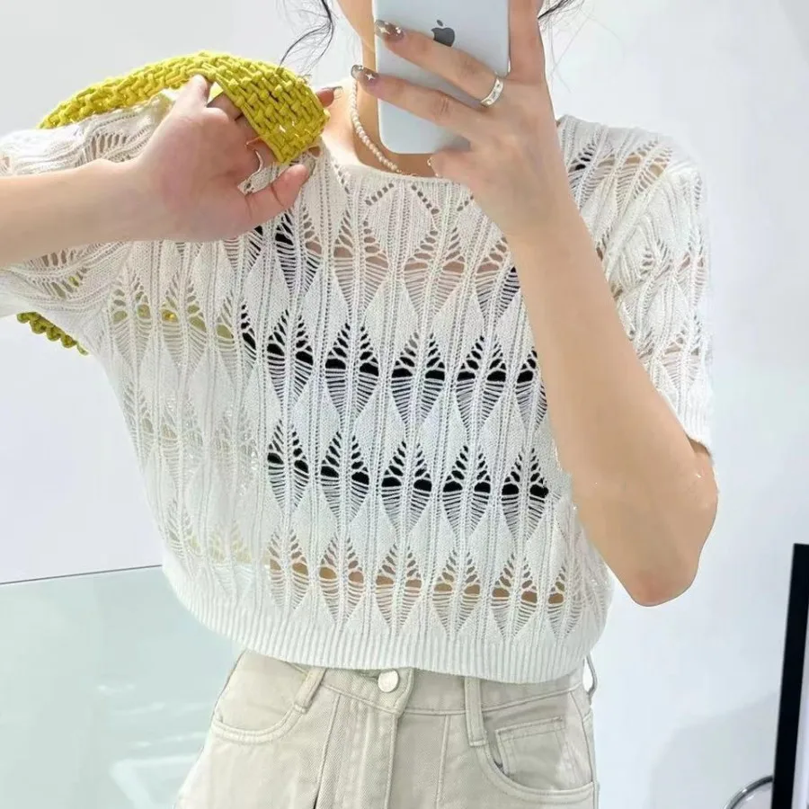 

Полый вязаный свитер, женский летний универсальный свободный короткий рубашка, топ, новинка 2025 года, тонкий пуловер с короткими рукавами