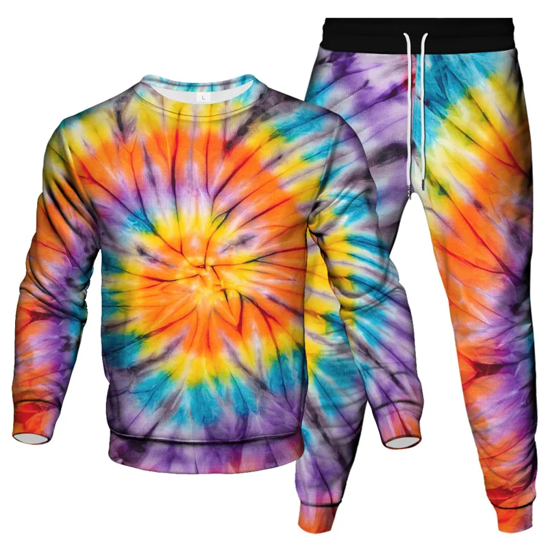 Colorful Vortex Tie Dye 3D Print Men Sportswear Set Long-Sleeved T Shirt Pants 2-Piece Set Oversized Pullover Men Clothing