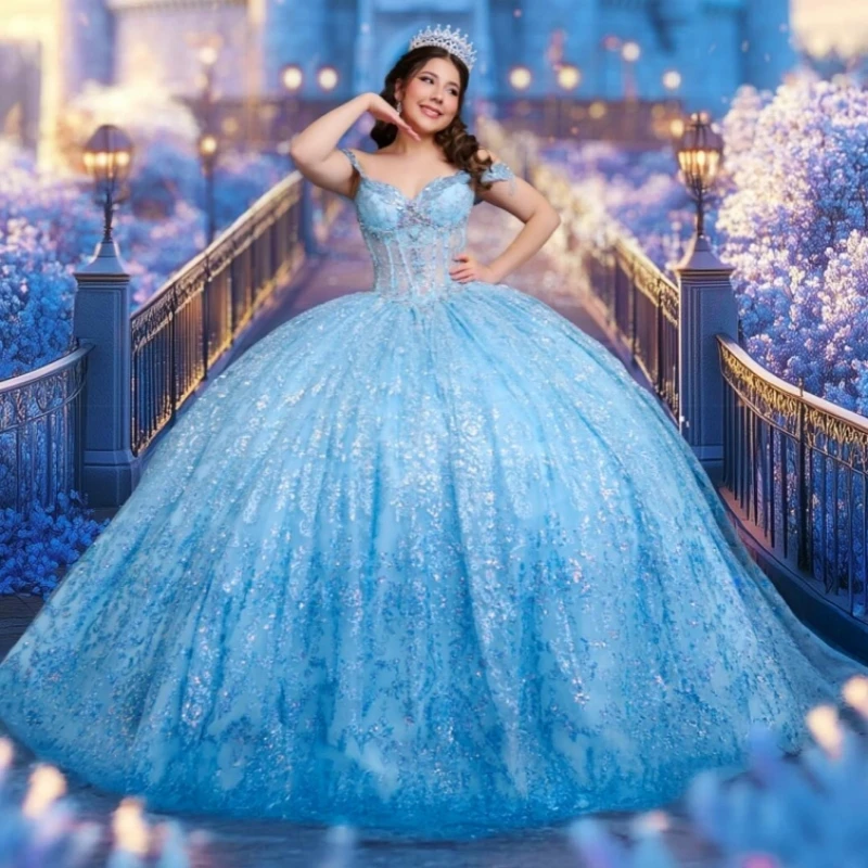 

Небесно-голубое блестящее платье Quinceanera, бальное платье с открытыми плечами, аппликация с блестками, кружевные бусины, тюлевой корсет, вечерние, день рождения, сладкий 16.