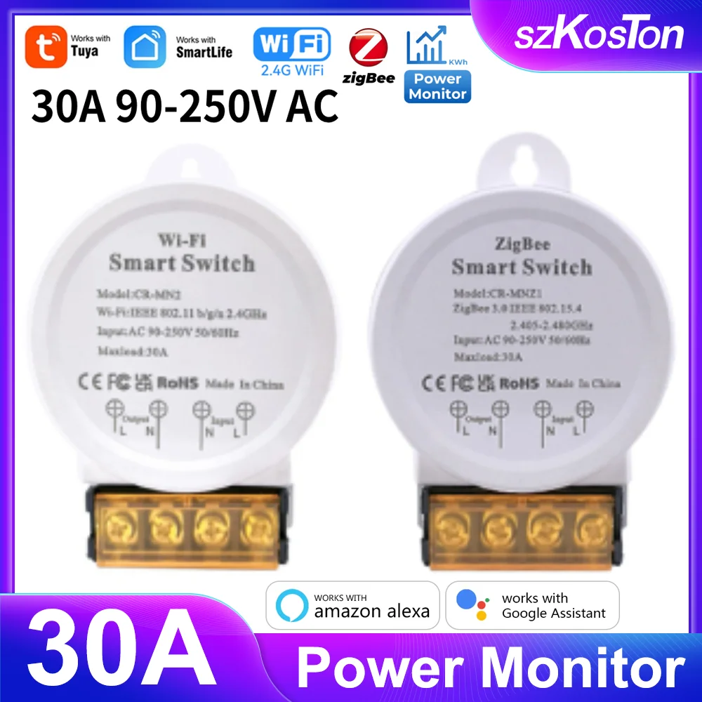 

Умный выключатель Tuya ZigBee, Wi-Fi, с монитором питания, 30 А, 90-250 В переменного тока