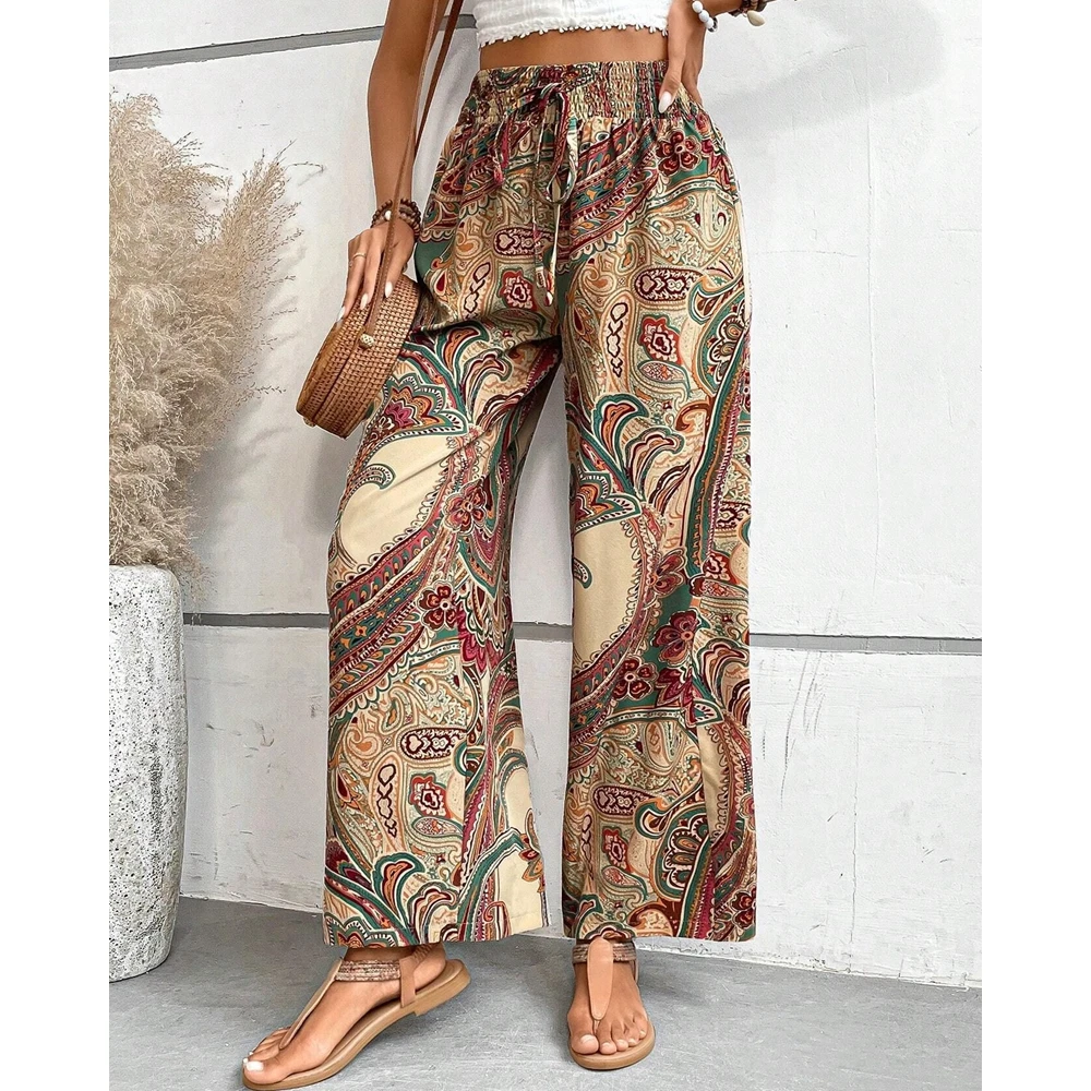 

Women Wide Leg Shirring Elastic Waist Pants Female Autumn Summer All Over Print Long Trouses Streetwear Casual Women Clothing