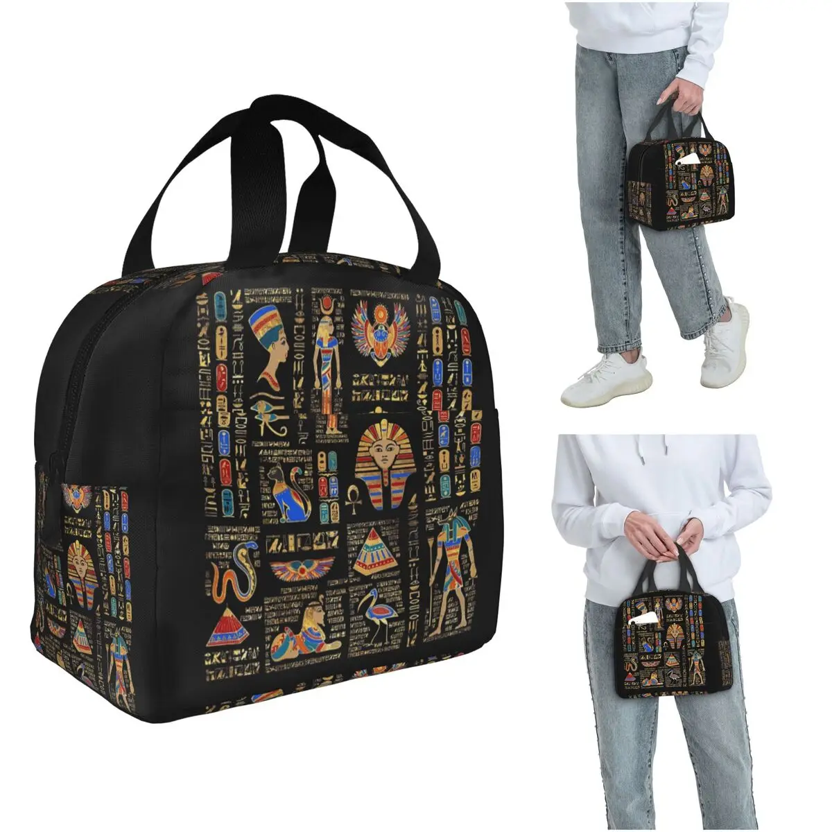 

Египетские иероглифы и божества на черной изолированной сумке для обеда для женщин и детей, герметичные контейнеры для еды, термосумка для обеда