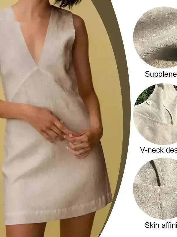 Leinen Sommer Damen Kleider Sexy V-Ausschnitt ärmelloses Basic Tank Kleid Elegante Partykleider Chic Boho Rotes Sommerkleid