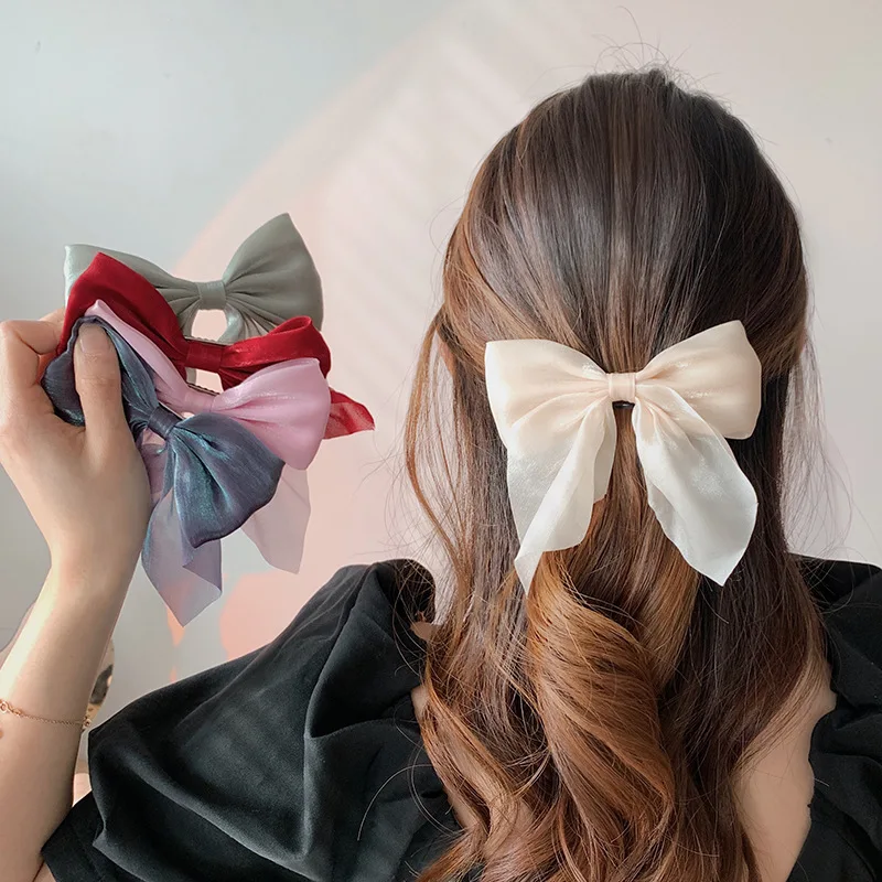 New Large Bow Hairpin Women Elegant Bowknot Stain Barrettes Mesh Sheer Satin Hair Clip Solid Ponytail Clip Hair Accessories