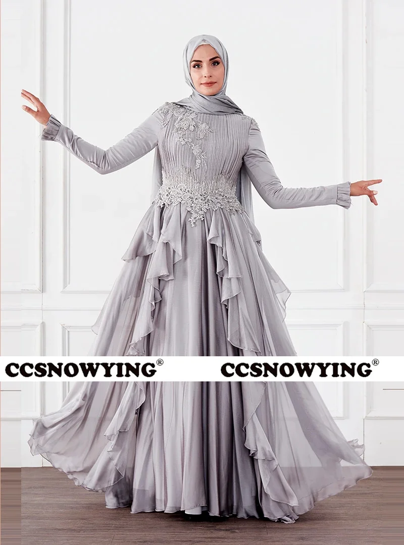

Chiffon Appliques Muslim Evening Dress Arabic Dubai Long Sleeve High Neck Hijab Prom Formal Party Gown A Line Moroccan Caftan