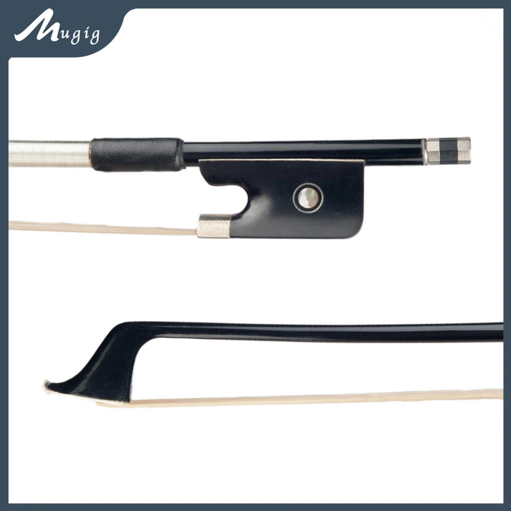 Mugig 4/4 Size Cello Bow Black Carbon Fiber Stick Ebony Frog Inlaid w Beautiful Parisian Eyes Natural White Mongolia Horsehair