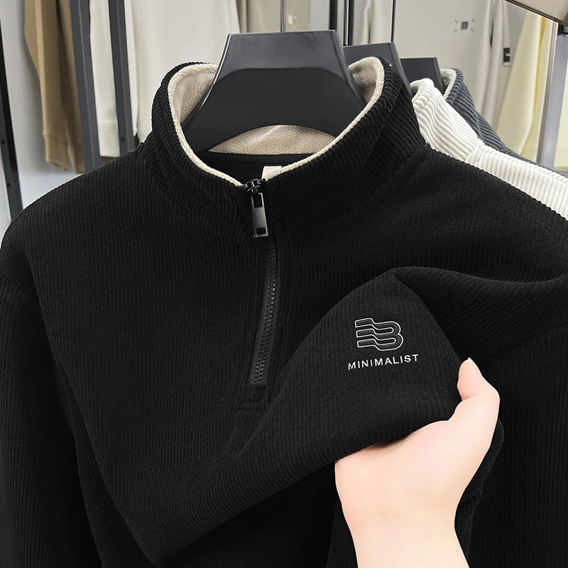 

Designer Original Men's Fleece-Lined Half Zip Mock Neck Ribbed Sweatshirt Soft Warm Anti Pilling Casual Autumn Winter Men's Wear