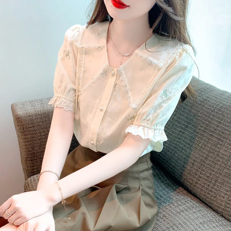

Ele ort Sve Embroidered Chiffon irt Women's Faion Design Korean Sle Straight Cut Commute Sle Summer Top