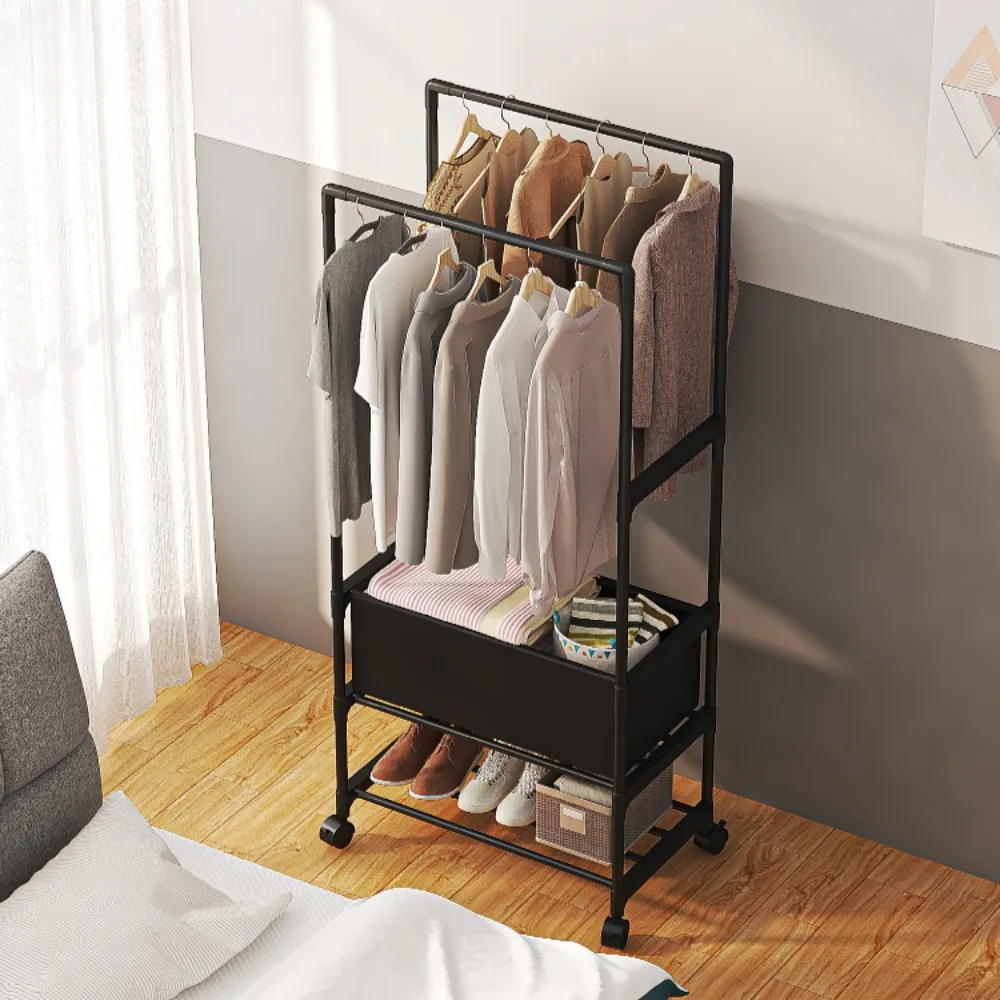 Simple Coat Rack Multi-Layer Bedroom Clothing Storage Shelf With Wheels Portable Removable Drying Hanger Standing Clothes Racks