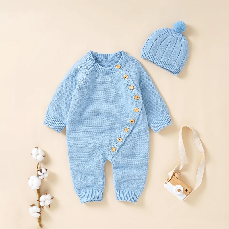 

Baby Romper Long Sleeve Infant Boy Girl Jumpsuit Clothes Autumn Solid Knit Newborn Toddler Kid Solid Overalls 2PC 0-18M Onesies