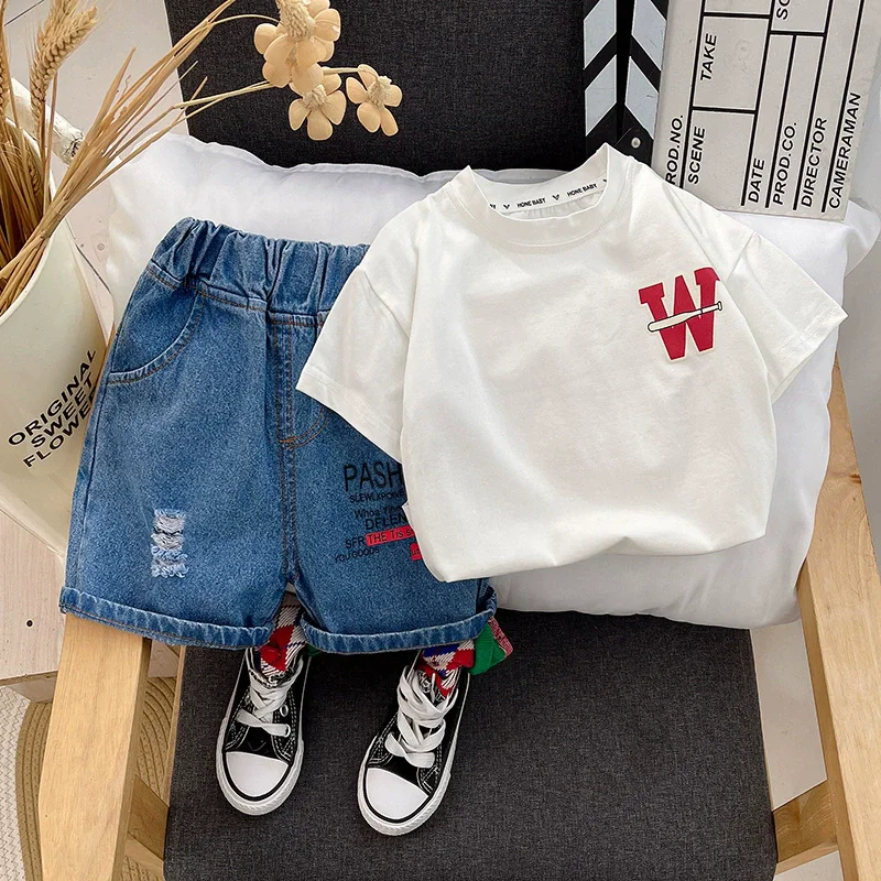 Infant Boys Daily Summer Clothes Set Retro Letter Embroidery Short Sleeve Top Elastic High Waist Ripped Denim Shorts Suit