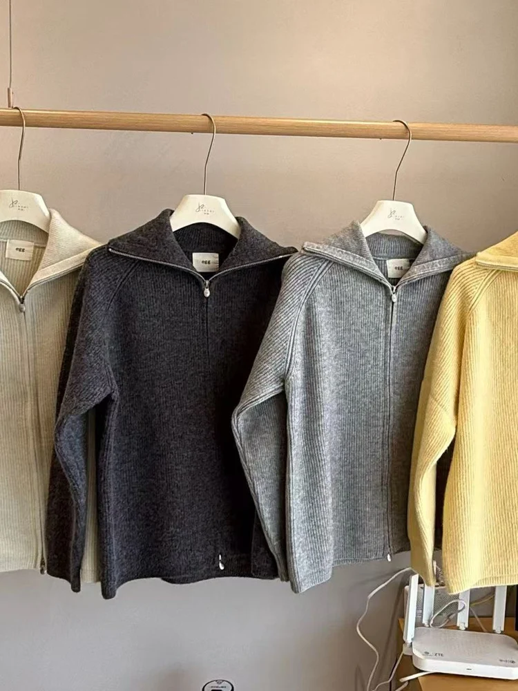 Korean Sle Loose Fit Double Zipper Knitted Jaet Thiened Heavy Egg Polyester Fiber Long Sve Cardigan Women's Outerwear