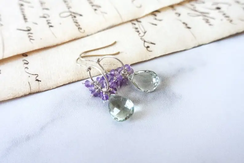 Green Amethyst Cluster Earrings, Sterling Silver Circle Earrings, Pink Amethyst Dangle Earrings, February Birthstone, Gemstone