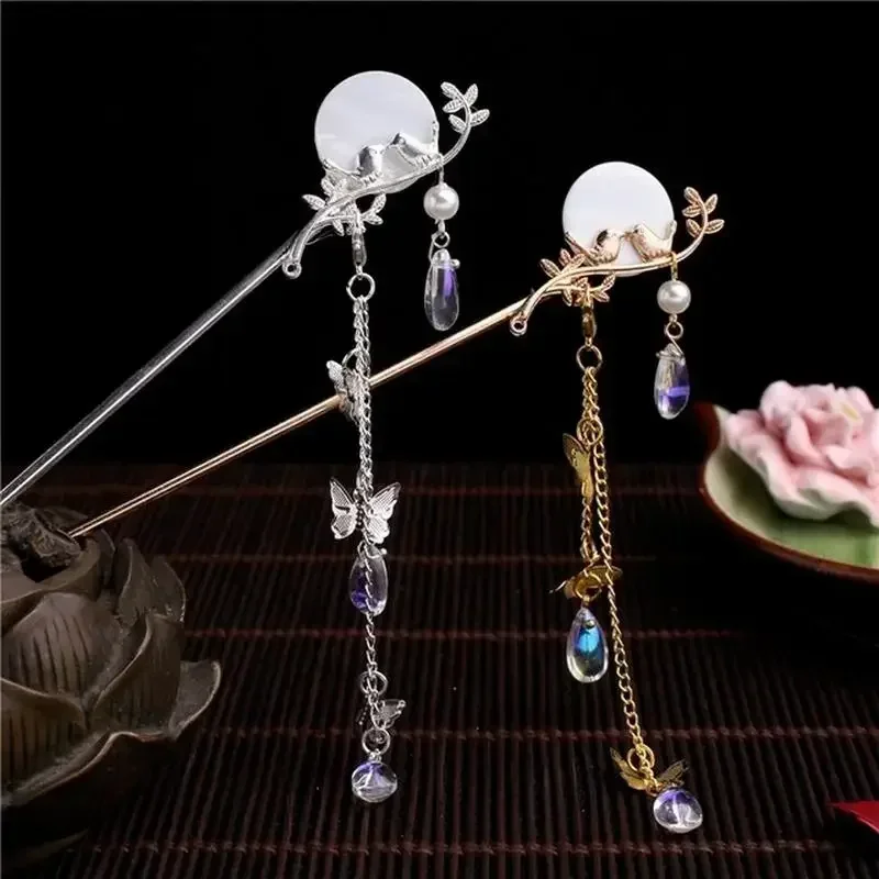 Vintage Tassel Hair Accessories Chinese Traditional Classic Pearl Tassel Butterfly Stick Straight Board Hair Clip Hanfu Jewelry