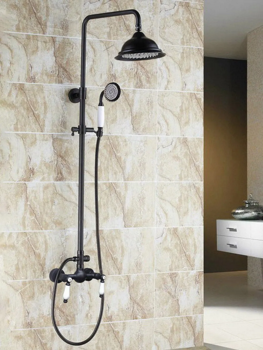 Imagem -05 - Black Oil Rubbed Brass Shower Faucet Grupo Chuveiro de Mão Dupla Alça Cerâmica Torneira Misturadora de Banho Banheiro Redondo Mrs471