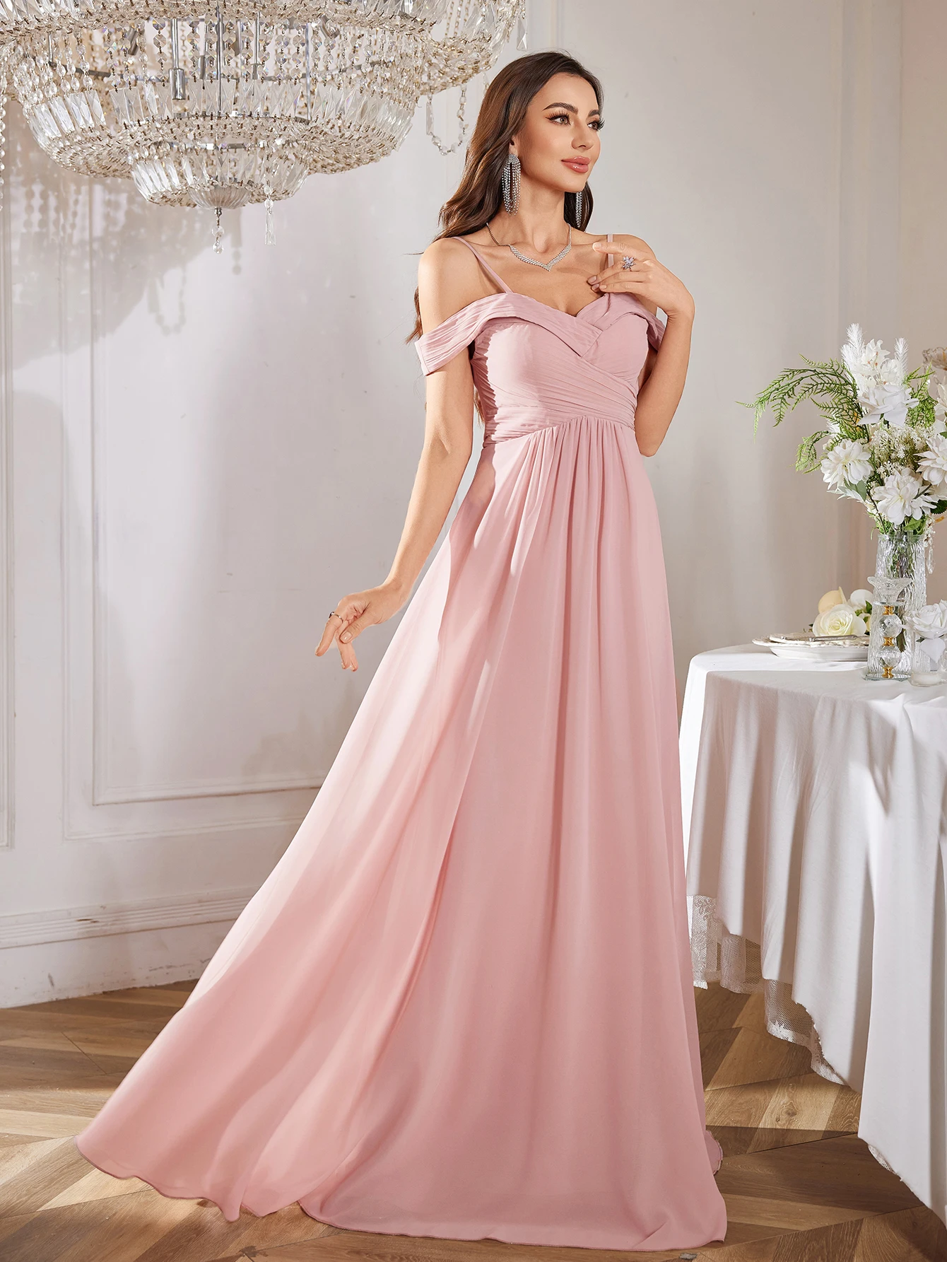 UNITHORSE Abito longuette elegante senza spalline in puro colore con orlo arricciato e vita incrociata per damigelle d'onore