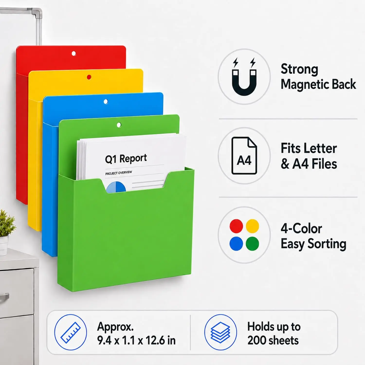 Premium Magnetic Wall Mount File Holder Box Strong Storage Organizer for Documents Office Files Stationery No Drill Wall Mounted