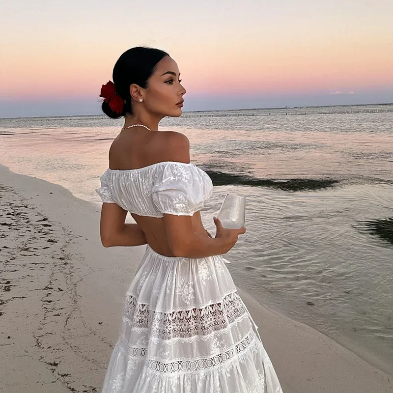 

Lace Up Crop Top Skirt Set For Women Off Shoulder Backless Vestidos Hollow Out Long Skirt 2025 Spring Summer Top Skirt Outfits