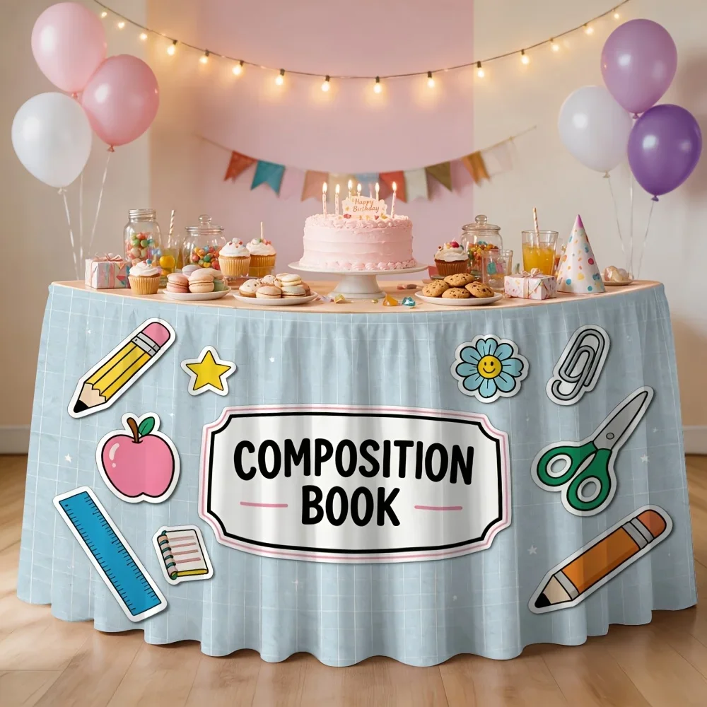 One cartoon-themed stationery print table skirt, suitable for decorating an indoor back-to-school theme party