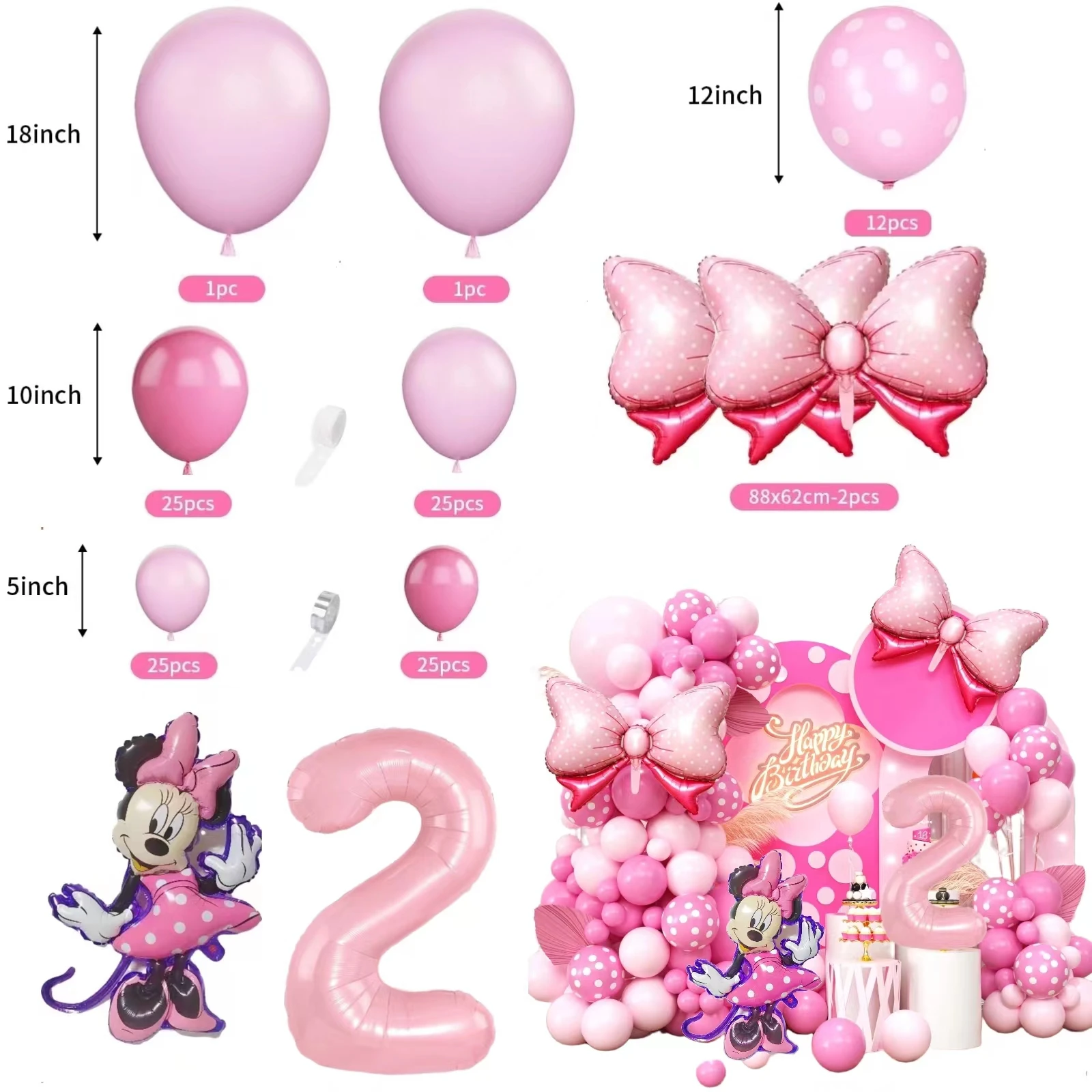 120PCS Minnie Mouse 40 inch Pink Bow Aluminum Mold Balloon Garland Arch Set Girls Princess Birthday Party Baby Shower Decoration