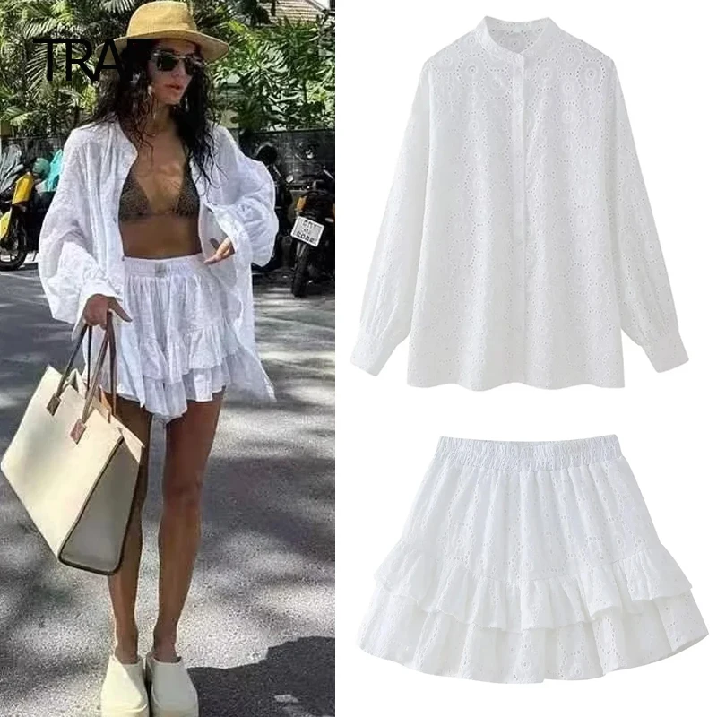 

TRAF Two Piece Set Lapel Collar Long Sleeves Top Women's Summer Suit Cutwork Lace Set And Mini Ruffled Skirt Short Elegant Sets