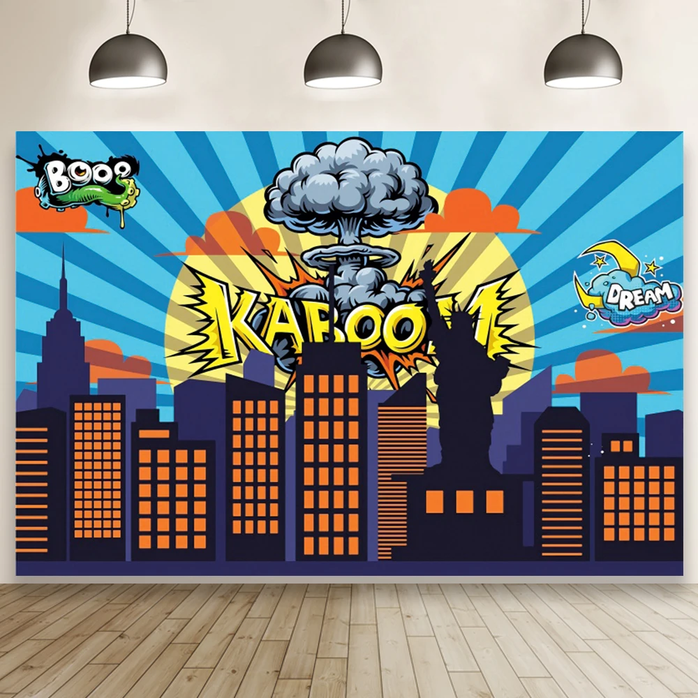 Toile de fond de fête d'anniversaire Smile Hero pour la photographie, décor de chambre d'enfants, fond de photocall de portrait, bâtiment de ville comique, dessin animé de bébé