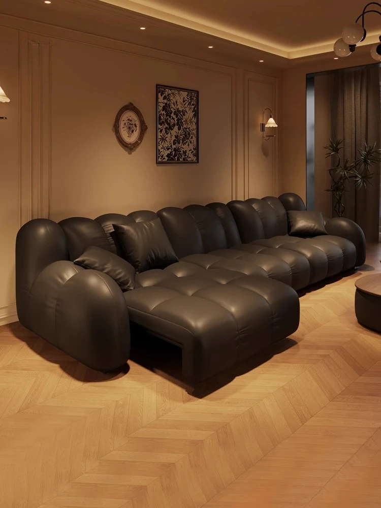 

Medieval style electric translation sofa genuine leather retro cowhide black high-end living room home reclining sofa bed