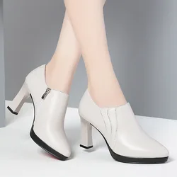 Comfortable Pointed Toe Deep Mouth Soft Leather Shoes Women's Pumps 2024 Fall Block High Heels For Office Model Mom Elegant