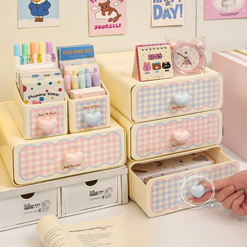 Kawaii Cream Stationery Storage Box Organizer Large Capacity Student Dormitory Sundries Cosmetic Drawer-style Storage Rack Stack