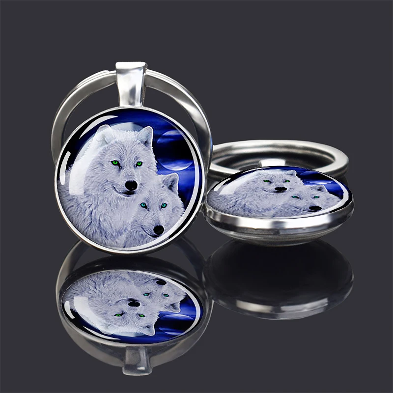 Wolf Key Chain Glow In The Dark Howling Wolf Head and Moon Keyring Double Side Glass Cabochon Keychain Pendant Luminous Key Ring