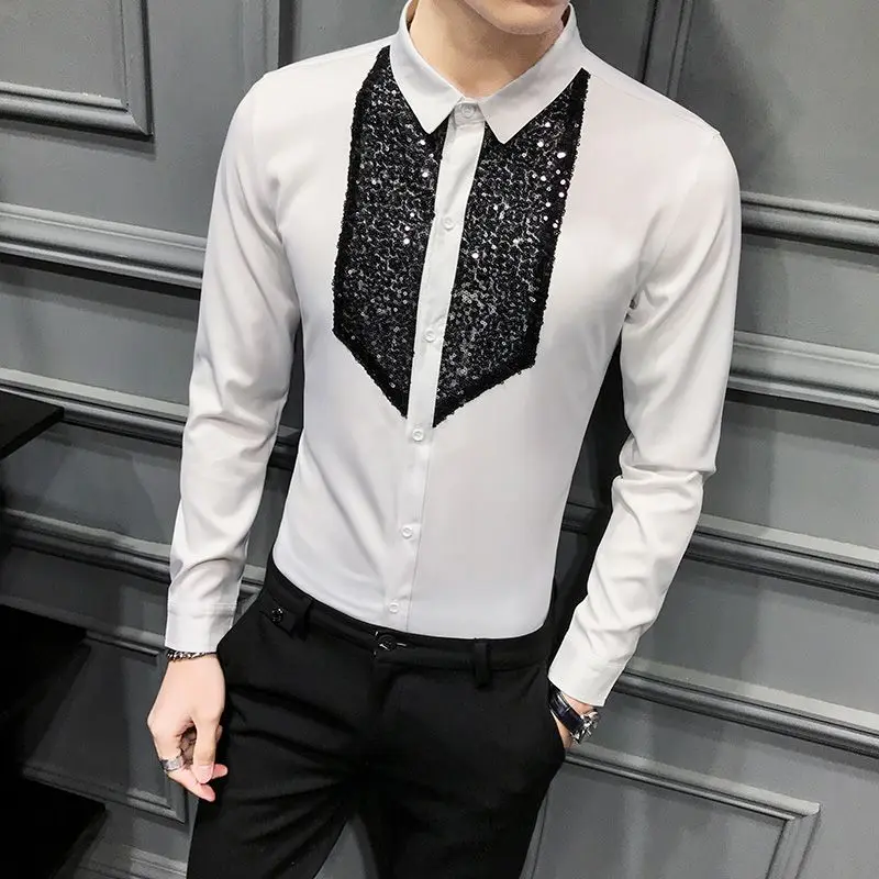 Spring Autumn Fashion Solid Diamonds Men's Clothing Shirts American Style POLO Collar Long Sleeve Buttons Loose Chaopai Blouse