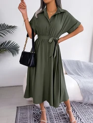 Women Spring Summer Slim Waist Lace Up Dresses 2026 Casual Solid Color Turn Down Collar Short Sleeve A Line Dress Green Red Blue