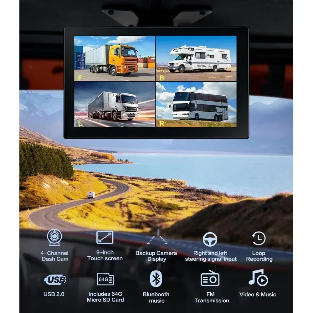 4-Channel 1080p Backup Camera Dash Cam with 10.2'' Screen, DVR Recording Back Up Cam for RV/Truck/Trailer/Van/SUV/Cars, Quad Spl