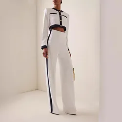 Fashion Two Piece Set Women Round Neck Long Sleeve Patchwork Singe Breasted Button Top Loose Wide Legs Pants Casual Sets Autumn