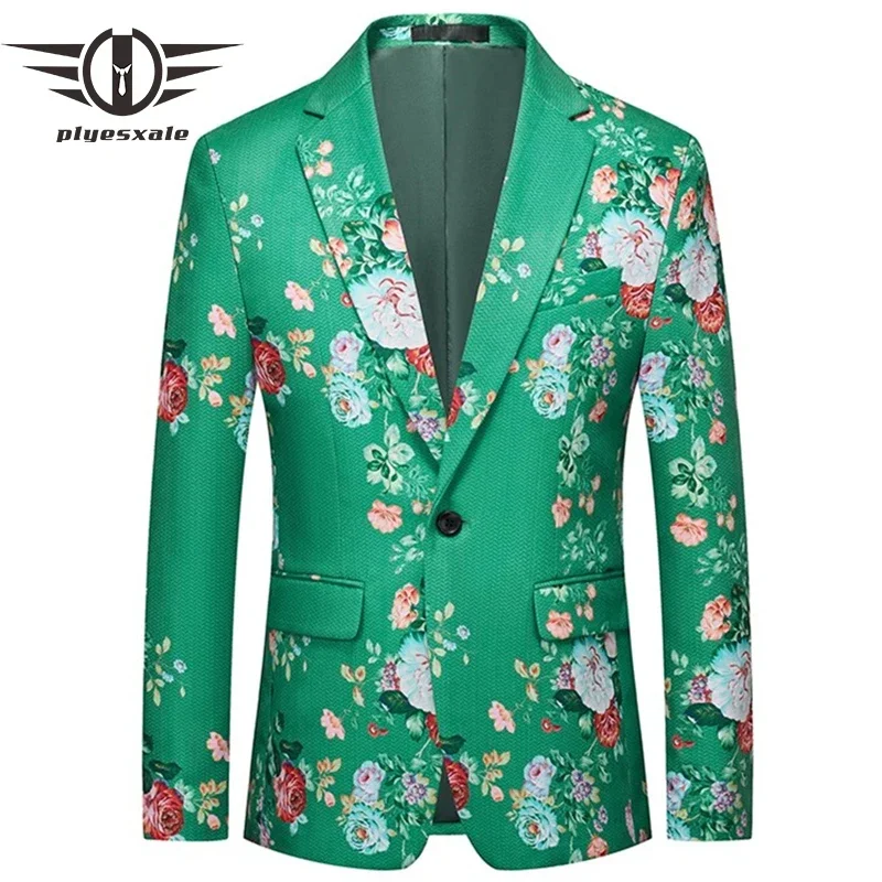 

Plyesxale New Arrival Fashion Floral Print Blazer For Men Slim Fit High Quality Green Mens Blazers Casual Terno Masculino Q1529