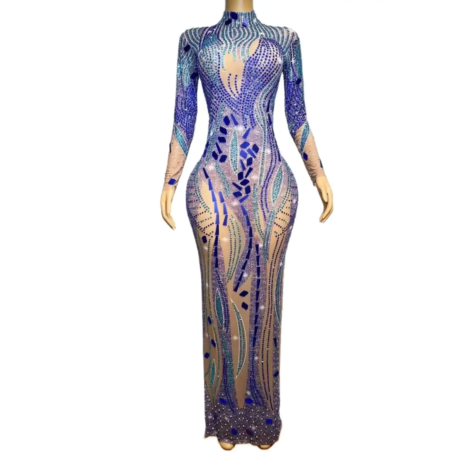 

Luxurious Blue Mirrors Rhinestone Evening Celebrate Dress Women Sequins Beads Performance Sexy Dance Outfit Costume Xingkongding