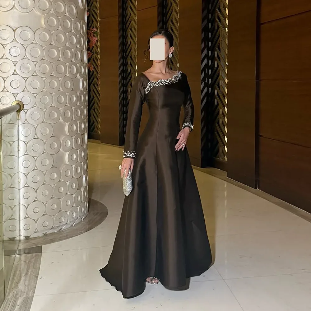 

Customized Long Sleeves Long Evening Dresses Elegant Formal Occasion Prom Gowns Bead Crystal 2025 Floor Length Prom Dresses