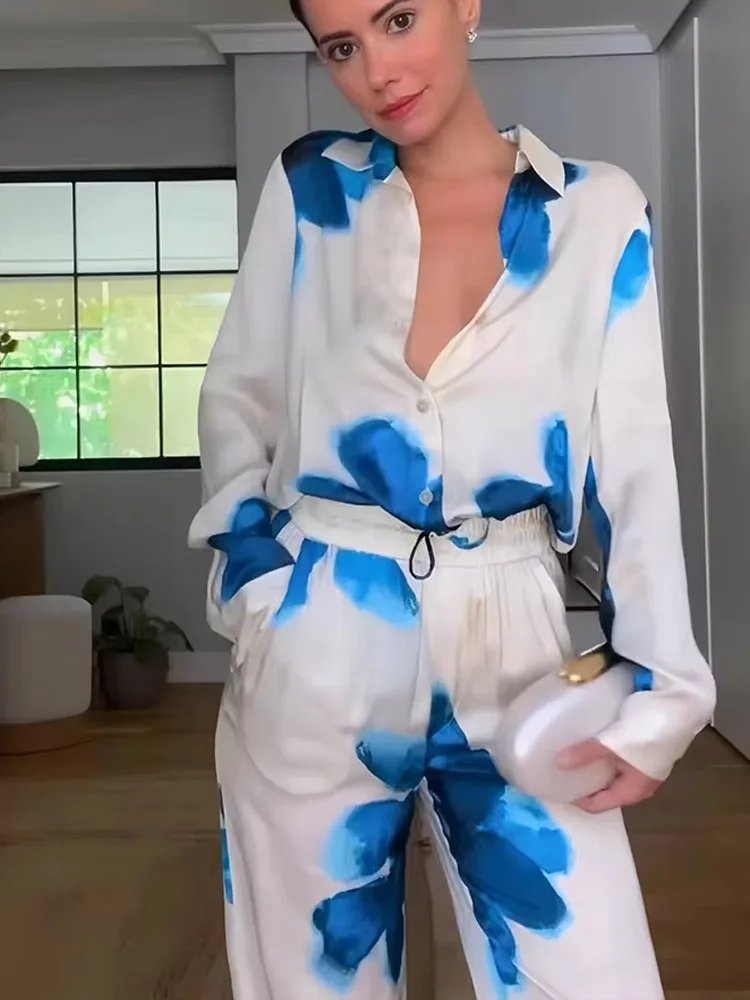 2024 Female Pants Sets Beach Style Floral Stain With Button Shirt+ Elastic Waist Wide Leg Pants Woman Summer Casaul Sets