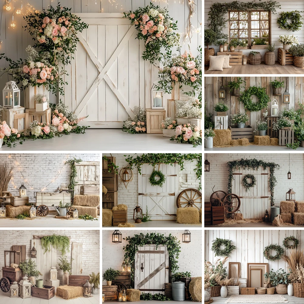 

White Wooden Door Barn Photography Backdrop Western Theme Haystack Wreath Kids Family Portrait Background Photo Studio Props