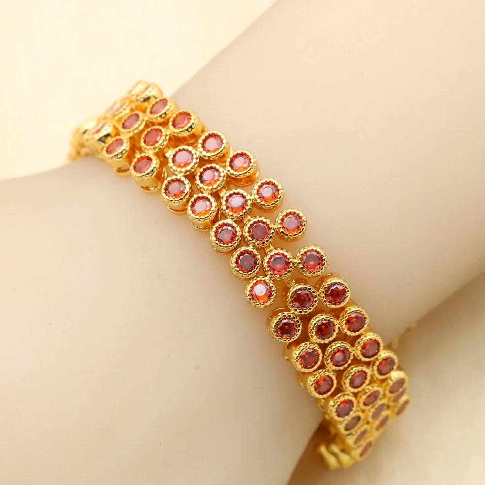 18K Gold Color Jewelry Sets For Women Red Zircon Bracelet Hoop Earrings Necklace Pendant Rings Free Gift Box